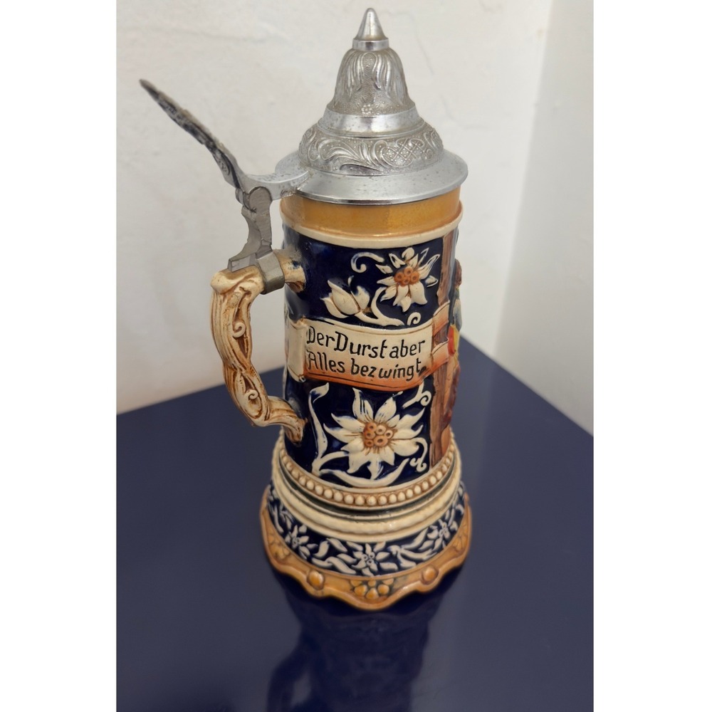 Vintage Savile Row German Beer Stein Ceramic Pewter Lid Relief Scene‎ 9"